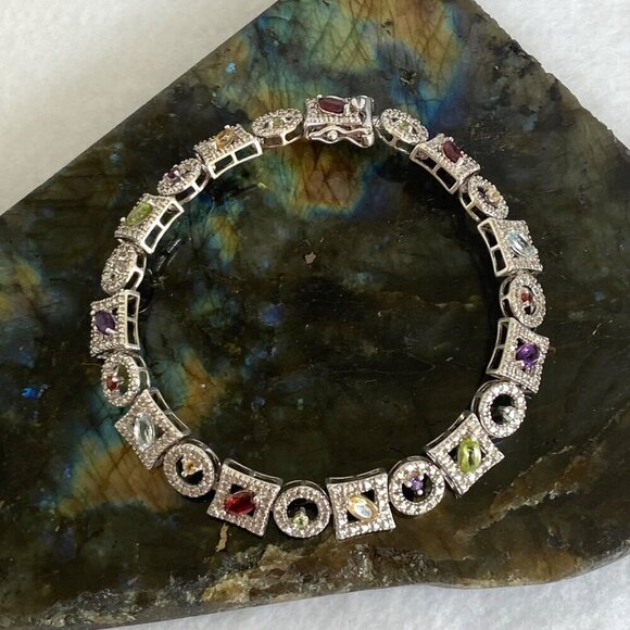 Ross-Simons Sterling Silver 925 Multi Gemstone Geometric Link Tennis Bracelet - Picture 12 of 16
